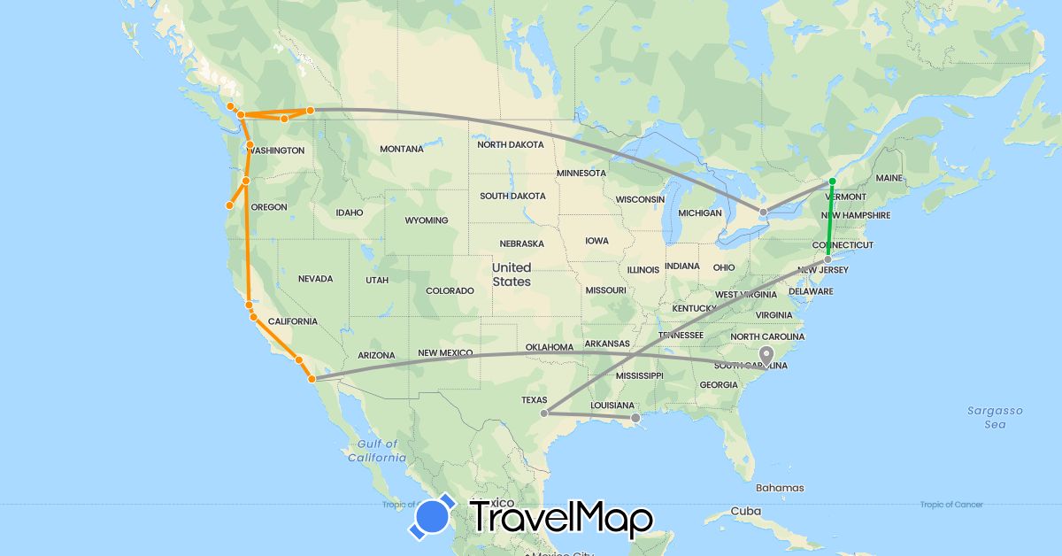 TravelMap itinerary: driving, bus, plane, hitchhiking in Canada, United States (North America)